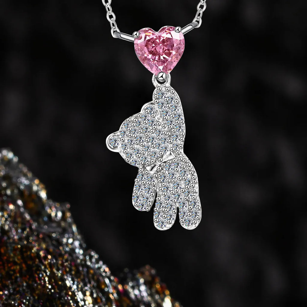 Bear Pendant Necklace 925 Sterling Silver Pink Heart