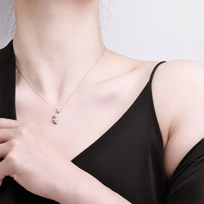 Bear Pendant Necklace 925 Sterling Silver Pink Heart