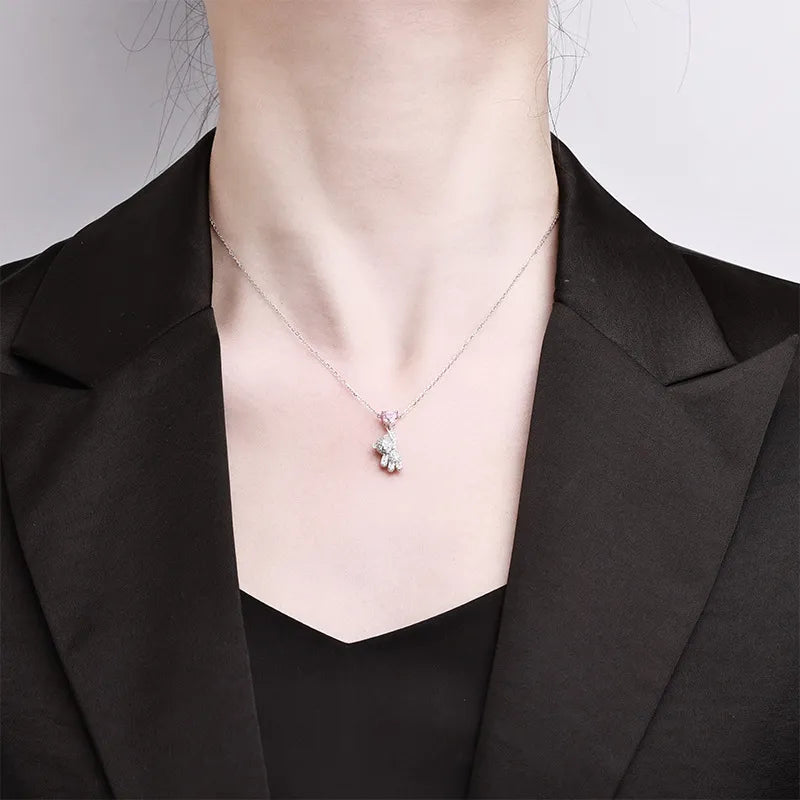 Bear Pendant Necklace 925 Sterling Silver Pink Heart