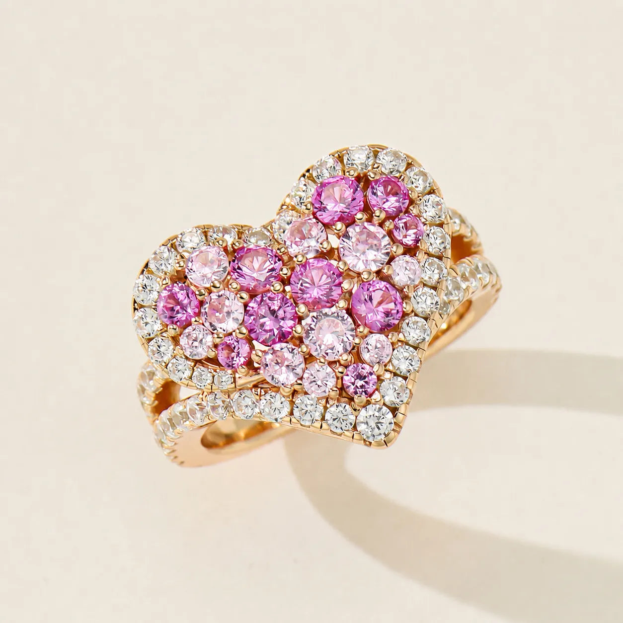 925 Sterling Silver Heart Ring Rose Gold Plated Pink Purple Cubic Zirconia Pave