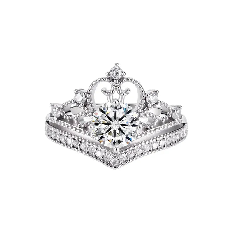 Princess Crown Ring 925 Sterling Silver 1 Carat Moissanite Beaded Edge Design