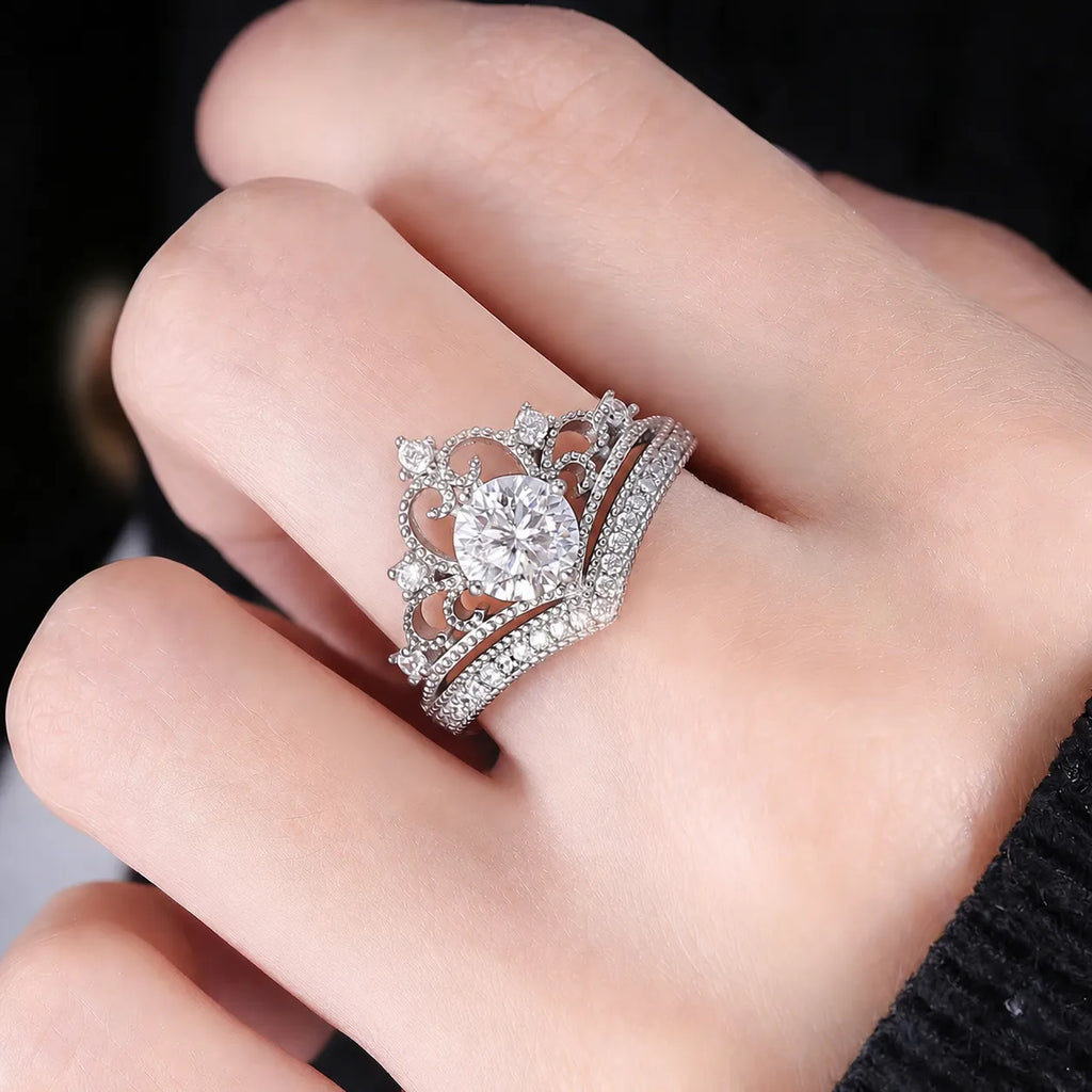 Princess Crown Ring 925 Sterling Silver 1 Carat Moissanite Beaded Edge Design