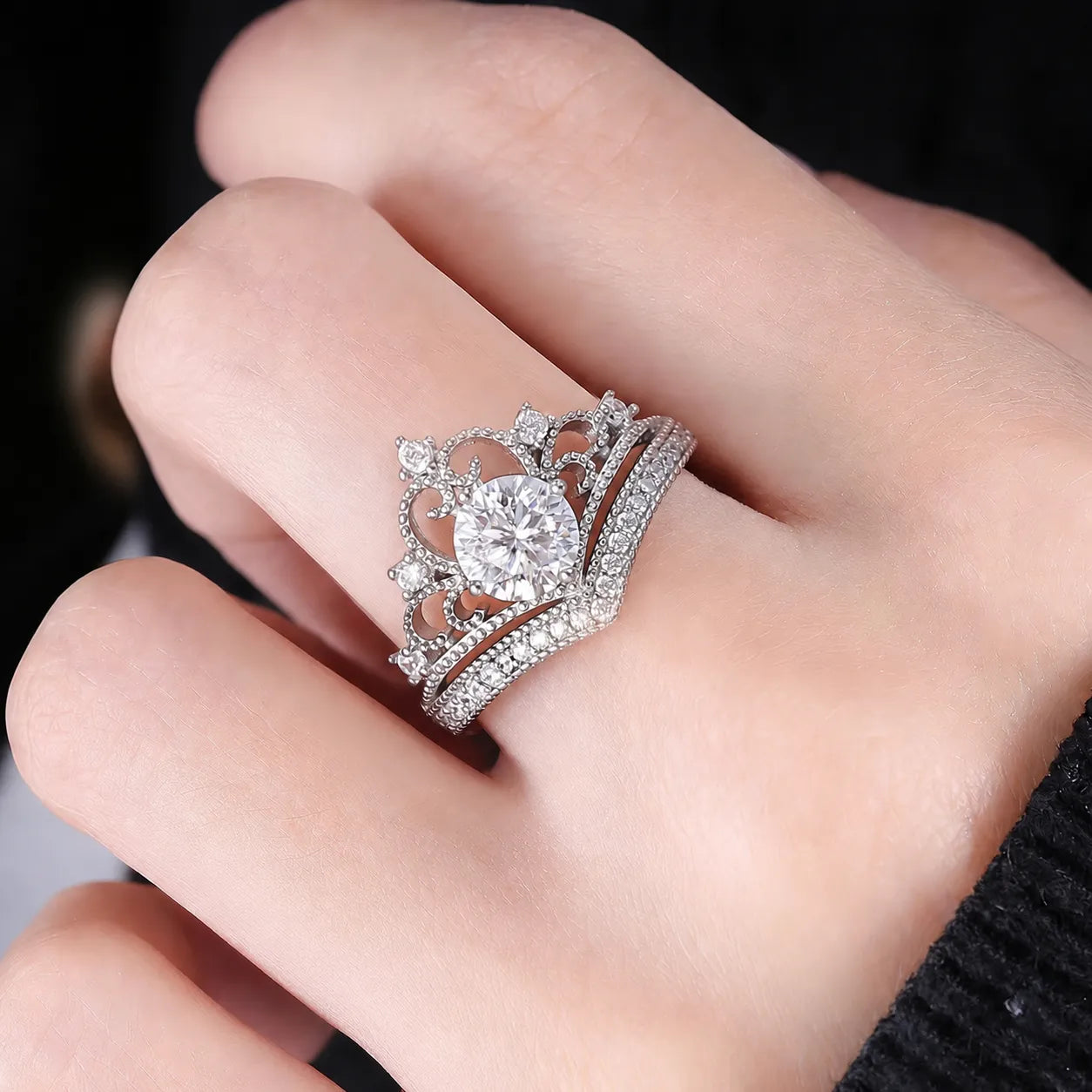 Princess Crown Ring 925 Sterling Silver 1 Carat Moissanite Beaded Edge Design