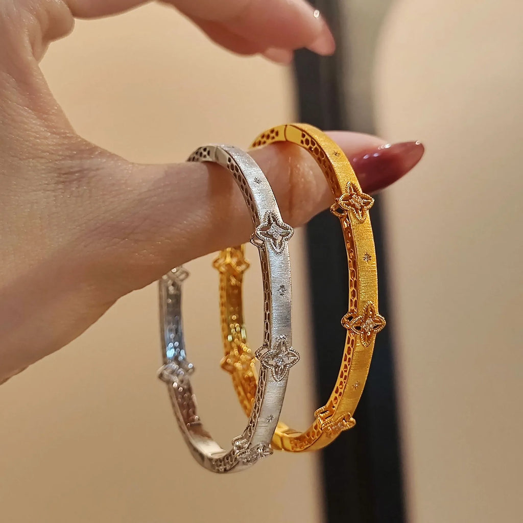 Quatrefoil Bracelet 925 Sterling Silver Brushed Openwork Bangle With Cubic Zirconia