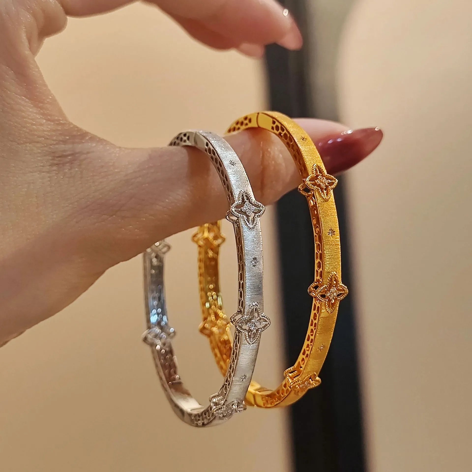 Quatrefoil Bracelet 925 Sterling Silver Brushed Openwork Bangle With Cubic Zirconia