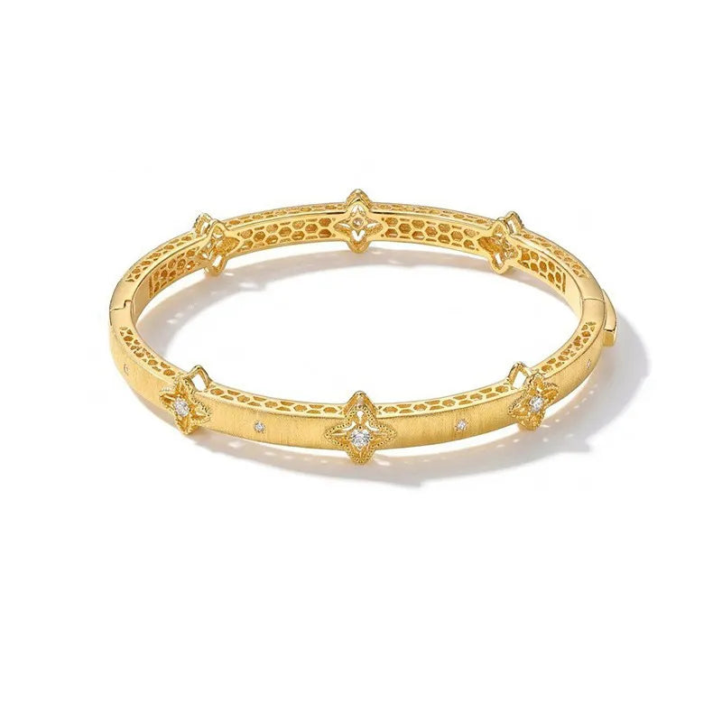 Quatrefoil Bracelet 925 Sterling Silver Brushed Openwork Bangle With Cubic Zirconia