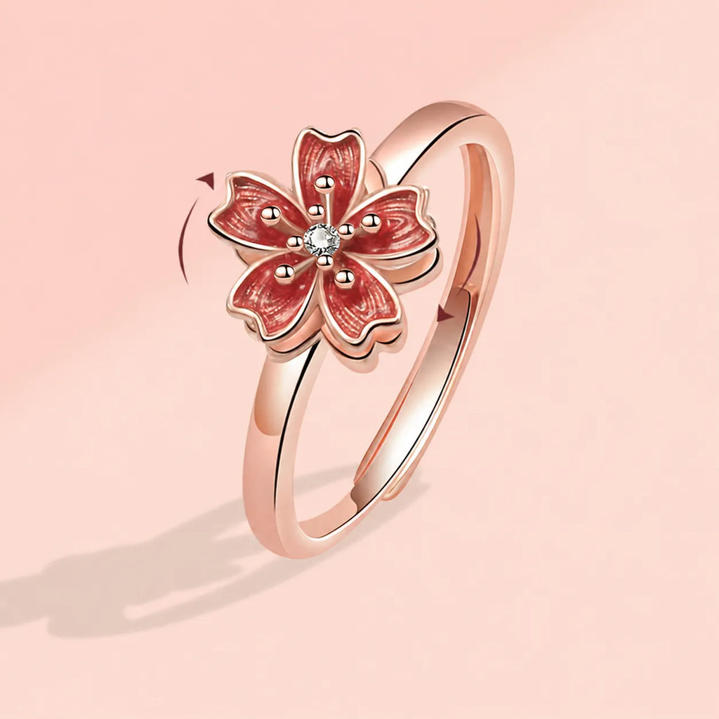 Peach Blossom Ring 925 Sterling Silver Red Rotating Flower Design