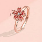 Peach Blossom Ring 925 Sterling Silver Red Rotating Flower Design