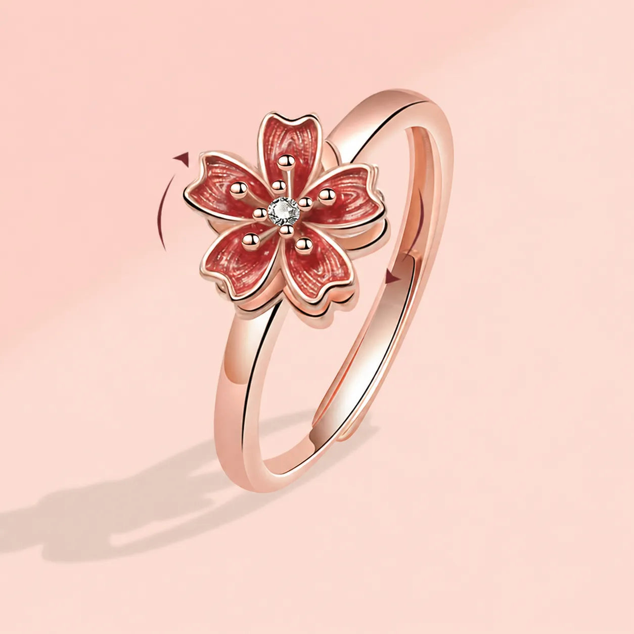 Peach Blossom Ring 925 Sterling Silver Red Rotating Flower Design