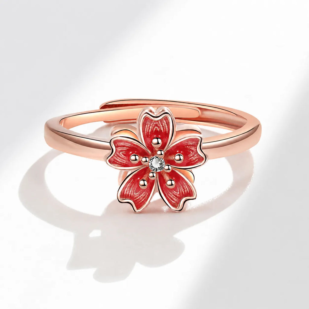 Peach Blossom Ring 925 Sterling Silver Red Rotating Flower Design