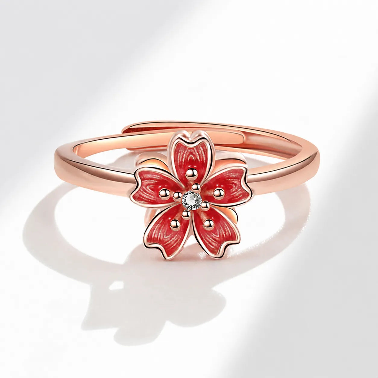 Peach Blossom Ring 925 Sterling Silver Red Rotating Flower Design