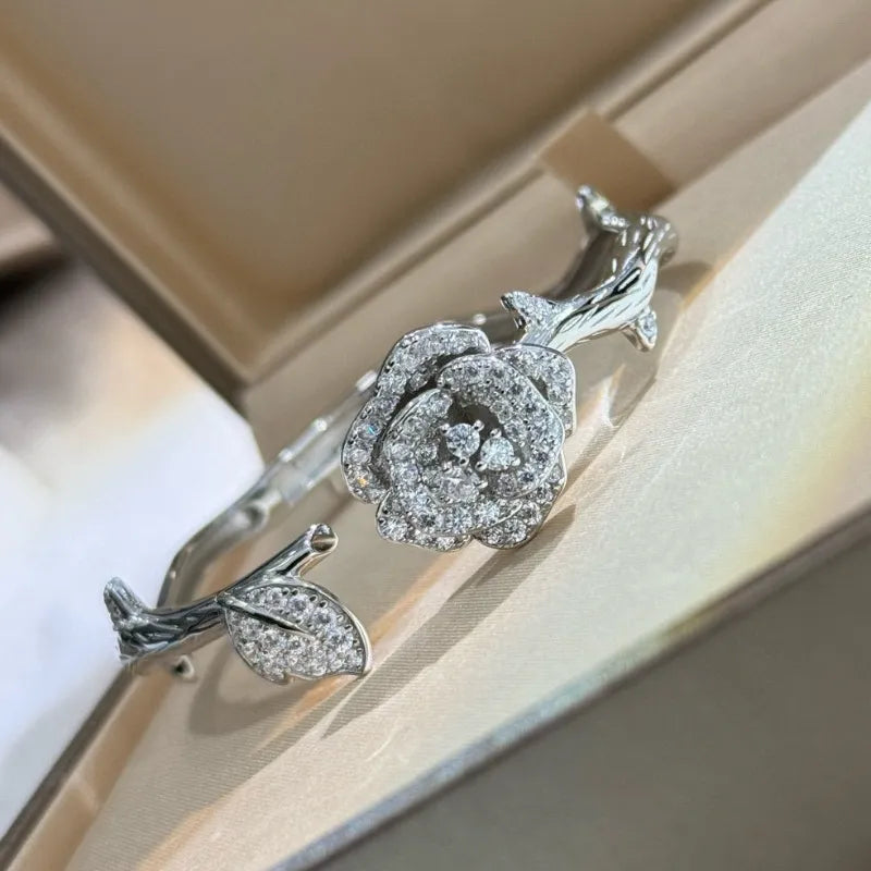 Rose Cuff Bracelet 925 Sterling Silver Cubic Zirconia Floral Detail