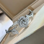 Rose Cuff Bracelet 925 Sterling Silver Cubic Zirconia Floral Detail
