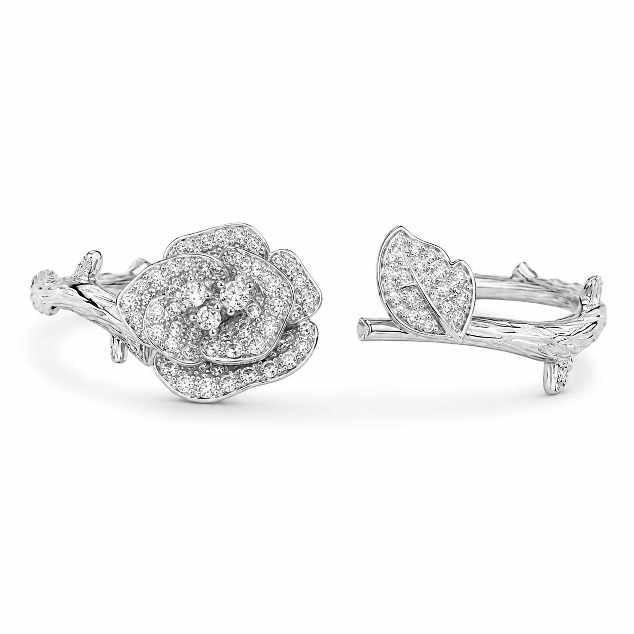 Rose Cuff Bracelet 925 Sterling Silver Cubic Zirconia Floral Detail