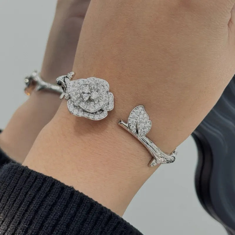 Rose Cuff Bracelet 925 Sterling Silver Cubic Zirconia Floral Detail