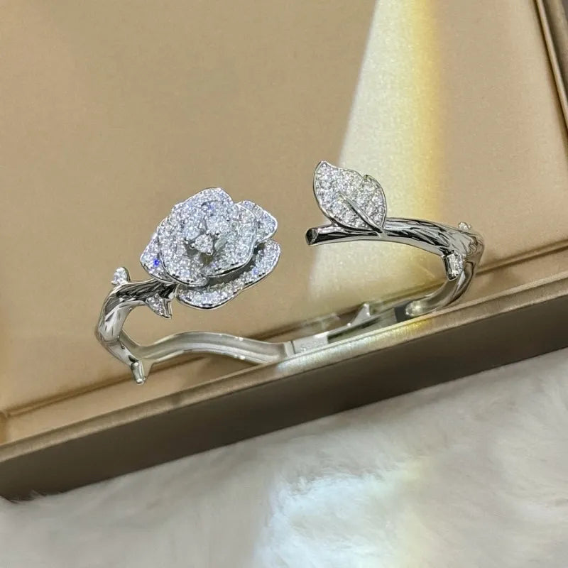 Rose Cuff Bracelet 925 Sterling Silver Cubic Zirconia Floral Detail