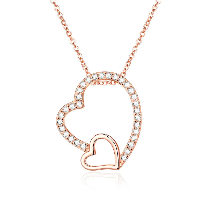 Double Heart Necklace 925 Sterling Silver Cubic Zirconia Pendant with Small Heart Detail