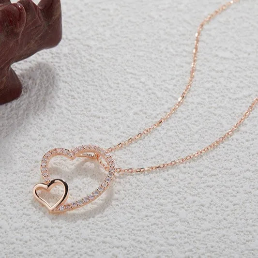 Double Heart Necklace 925 Sterling Silver Cubic Zirconia Pendant with Small Heart Detail