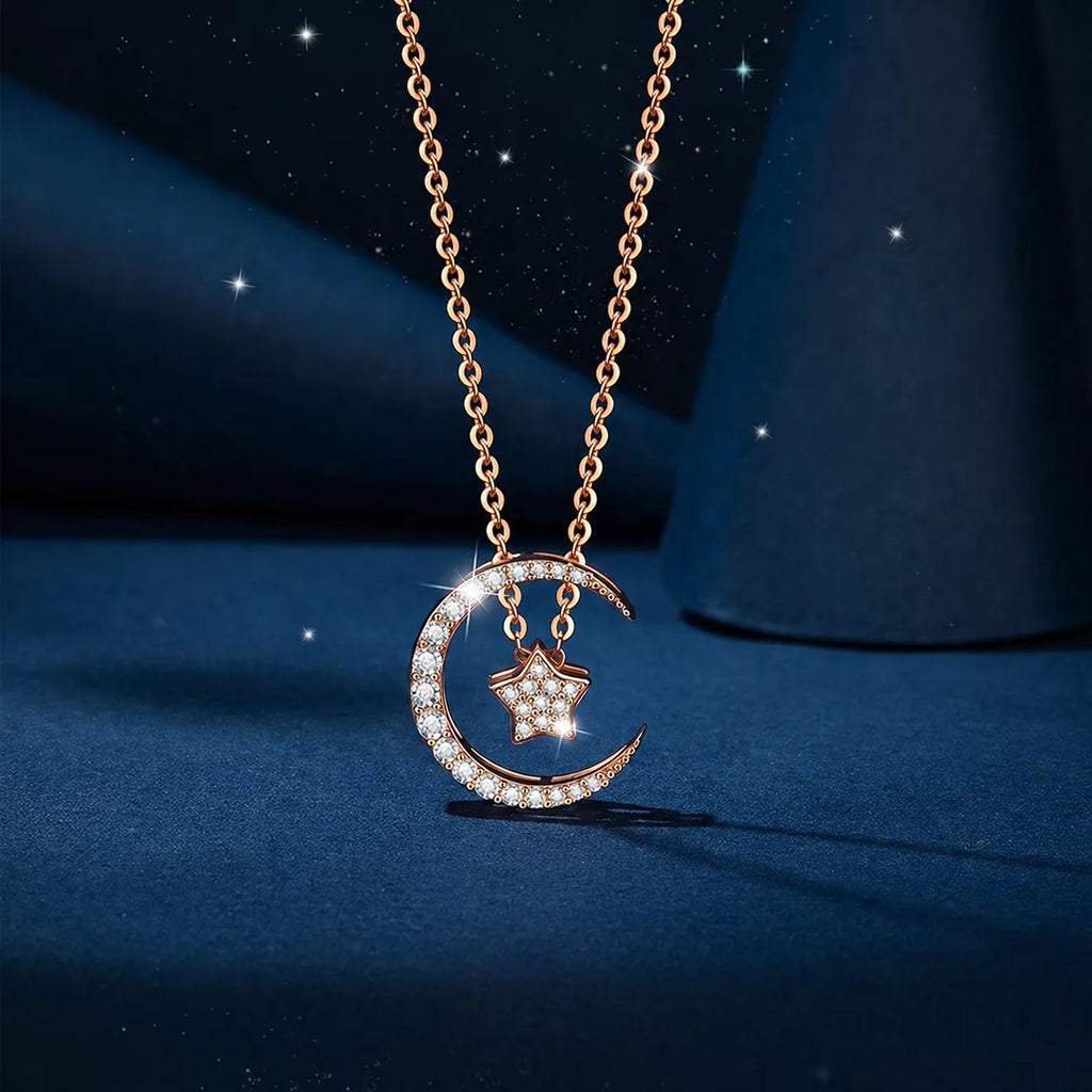 Moon And Star Necklace 925 Sterling Silver Rose Gold Plated With Cubic Zirconia