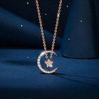 Moon And Star Necklace 925 Sterling Silver Rose Gold Plated With Cubic Zirconia