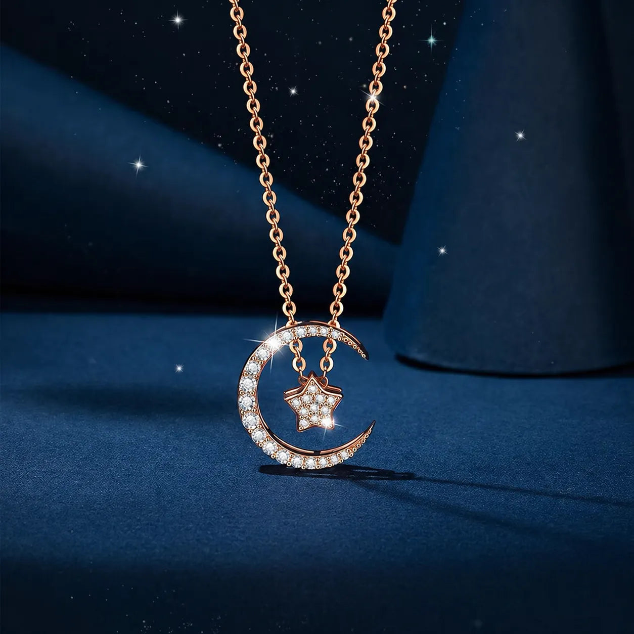 Moon And Star Necklace 925 Sterling Silver Rose Gold Plated With Cubic Zirconia