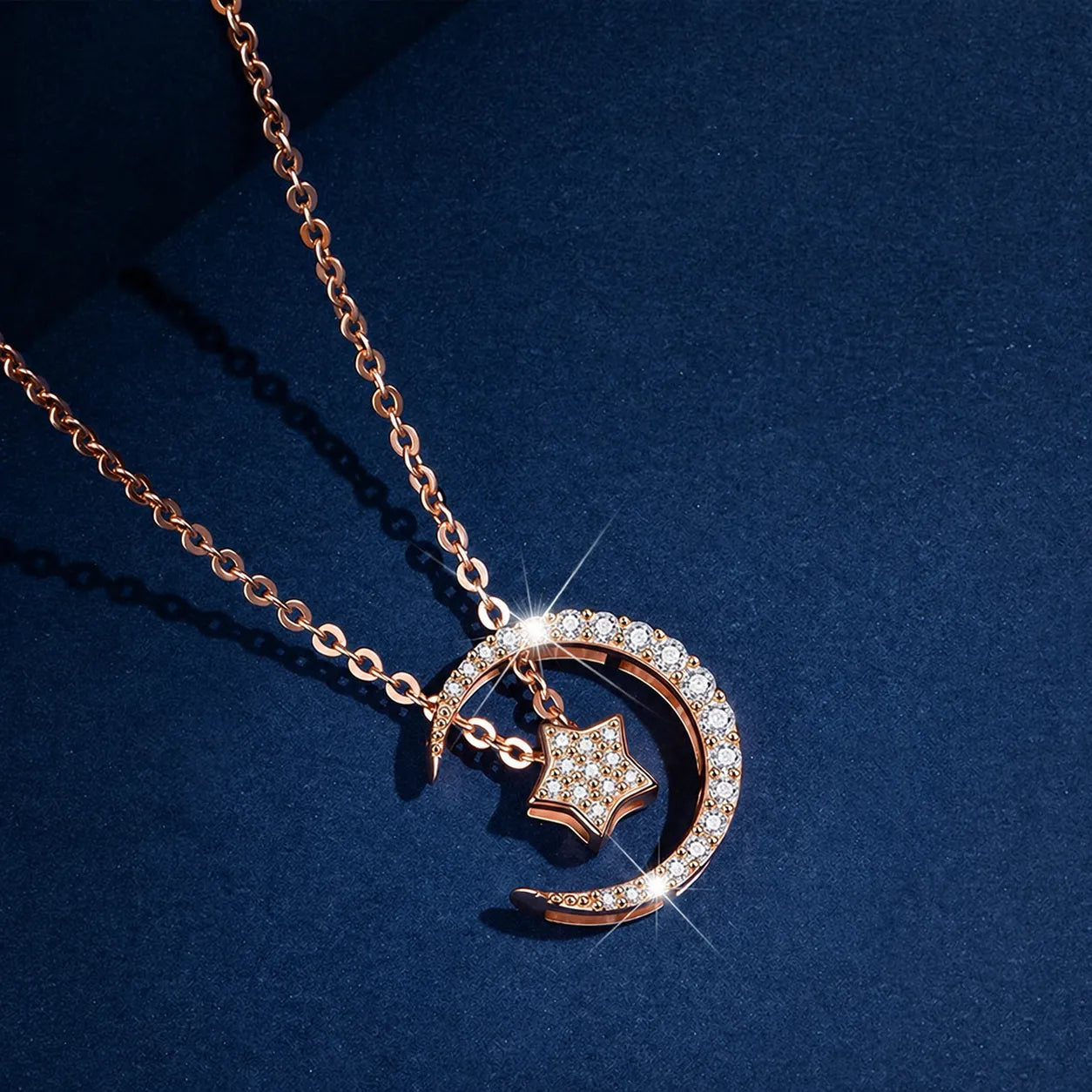 Moon And Star Necklace 925 Sterling Silver Rose Gold Plated With Cubic Zirconia
