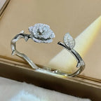 Rose Cuff Bracelet 925 Sterling Silver Cubic Zirconia Floral Detail