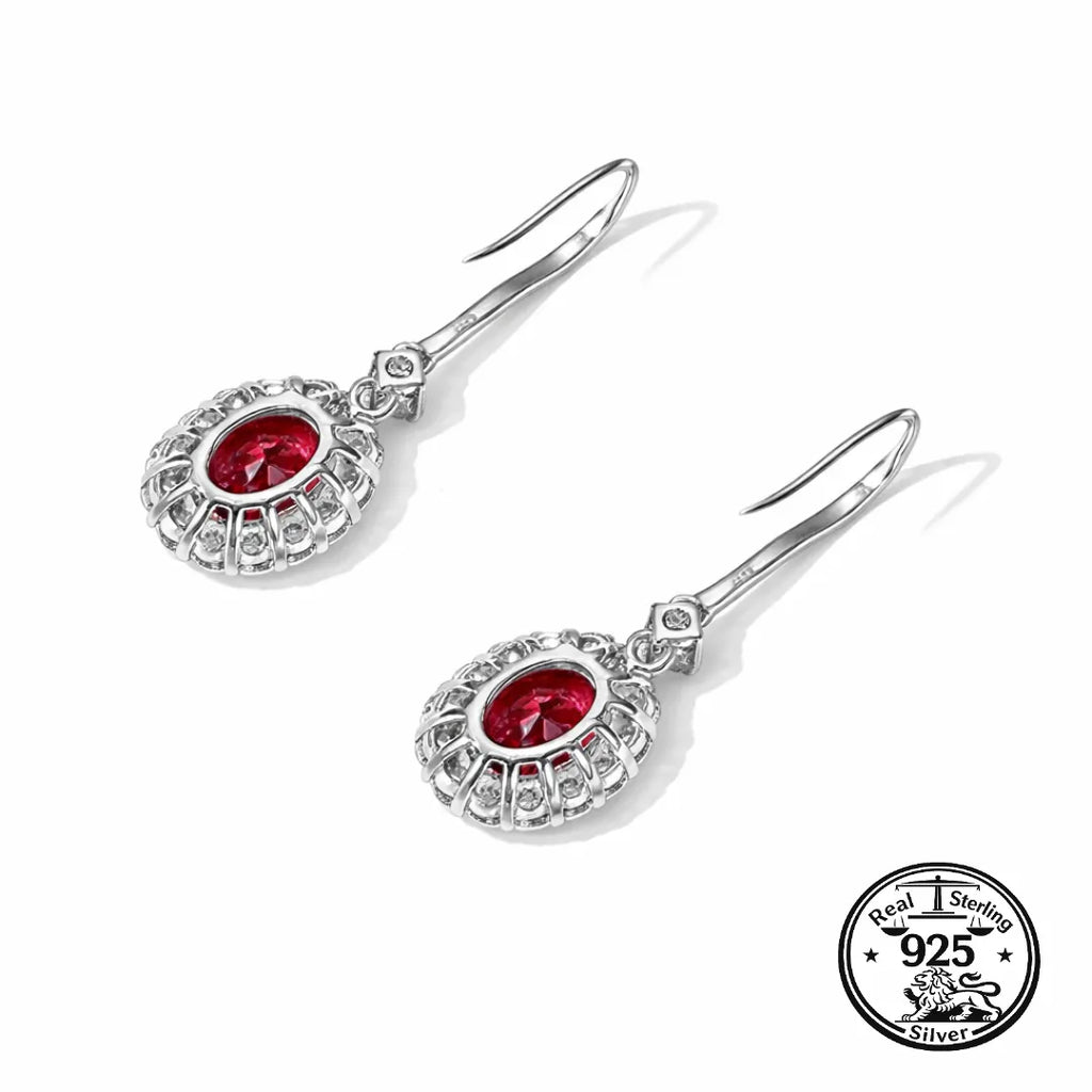 Ruby Drop Earrings in 925 Sterling Silver with Oval Halo