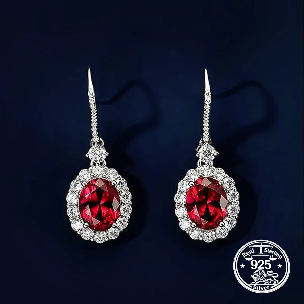 Ruby Drop Earrings in 925 Sterling Silver with Oval Halo