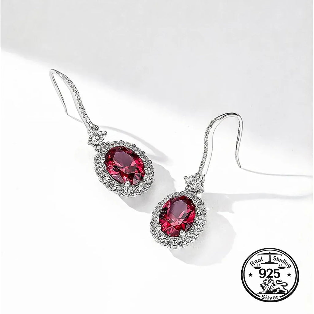Ruby Drop Earrings in 925 Sterling Silver with Oval Halo