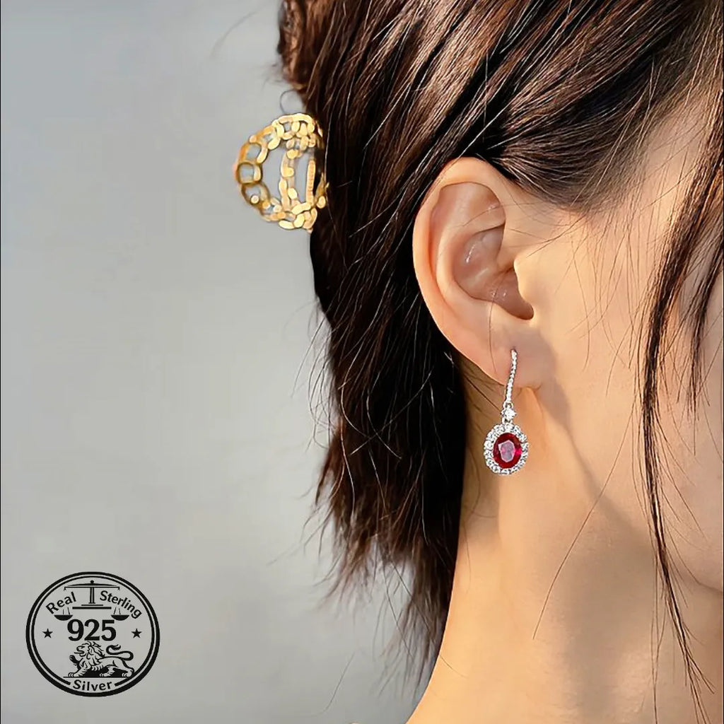 Ruby Drop Earrings in 925 Sterling Silver with Oval Halo