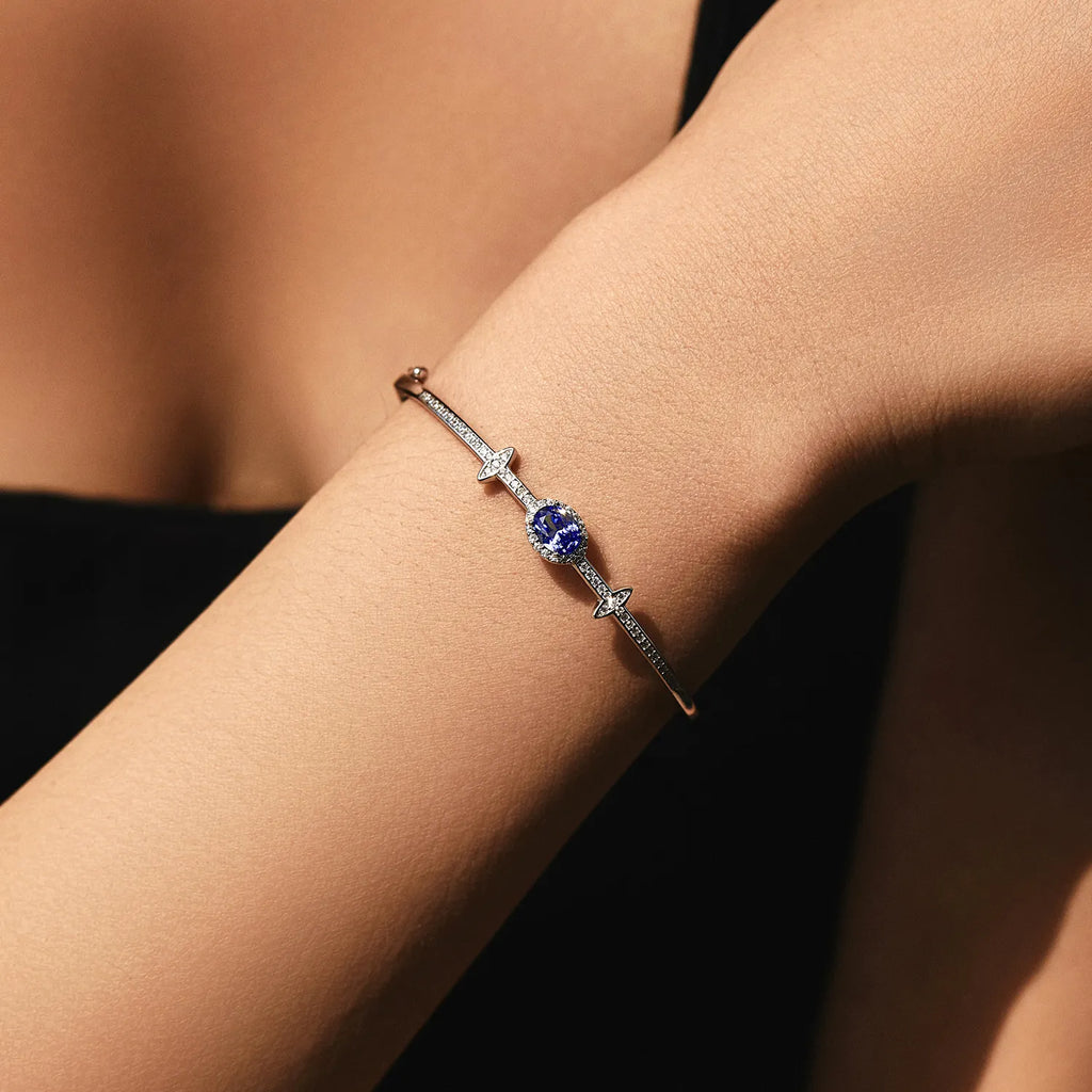 Silver Bracelet With Blue Stone 925 Sterling Silver Oval Zirconia Bangle