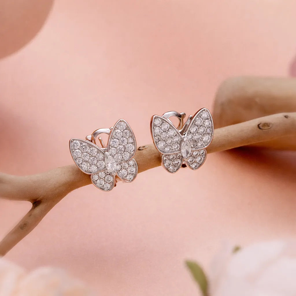 925 Sterling Silver Cubic Zirconia Framed Butterfly Earrings