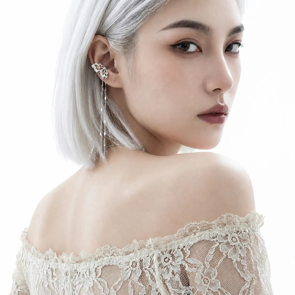 Ear Cuff With Chain 925 Sterling Silver Openwork Butterfly