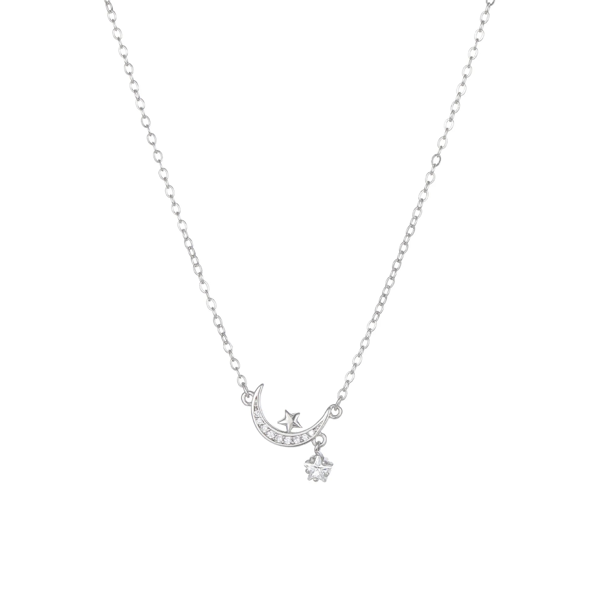 Crescent Moon Necklace With Star 925 Sterling Silver Cubic Zirconia Prong-Set Star Charm