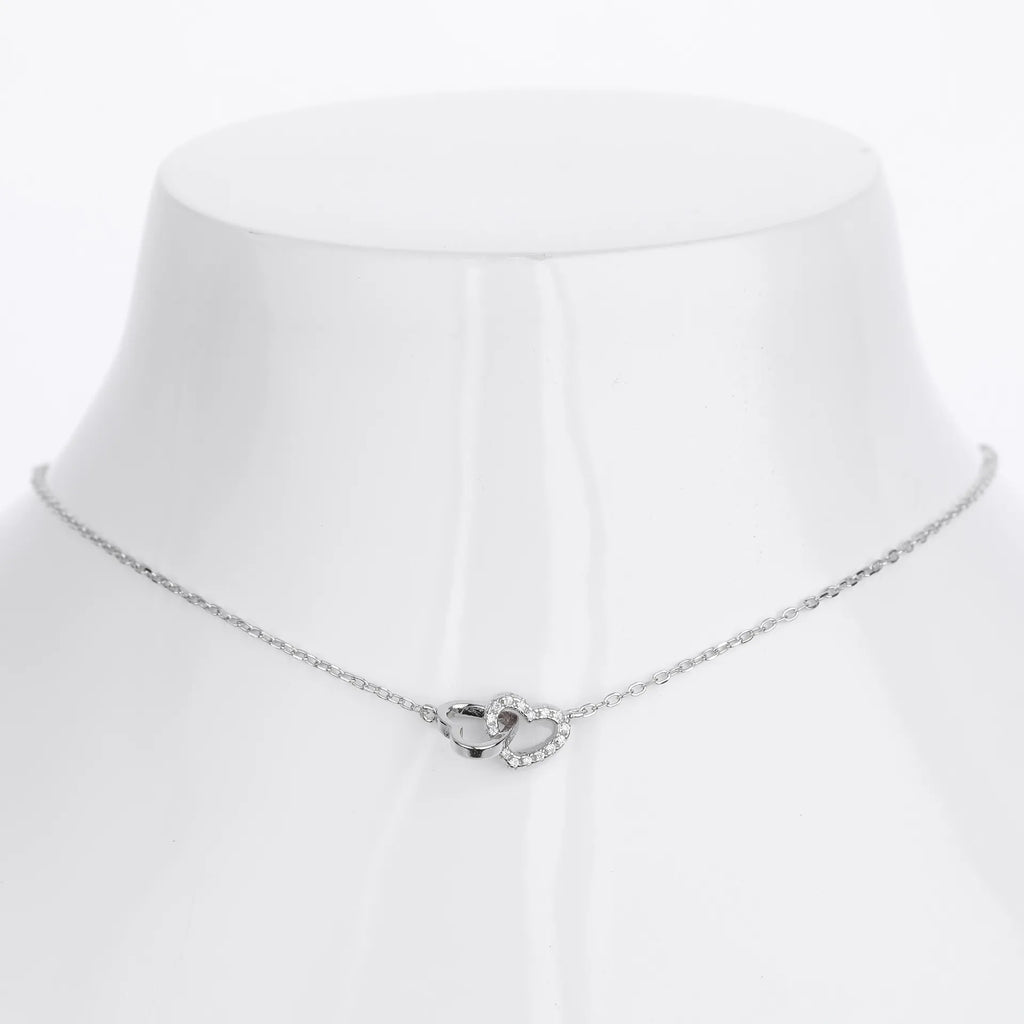 Double Heart Necklace 925 Sterling Silver Interlocking Heart Charm with Cubic Zirconia