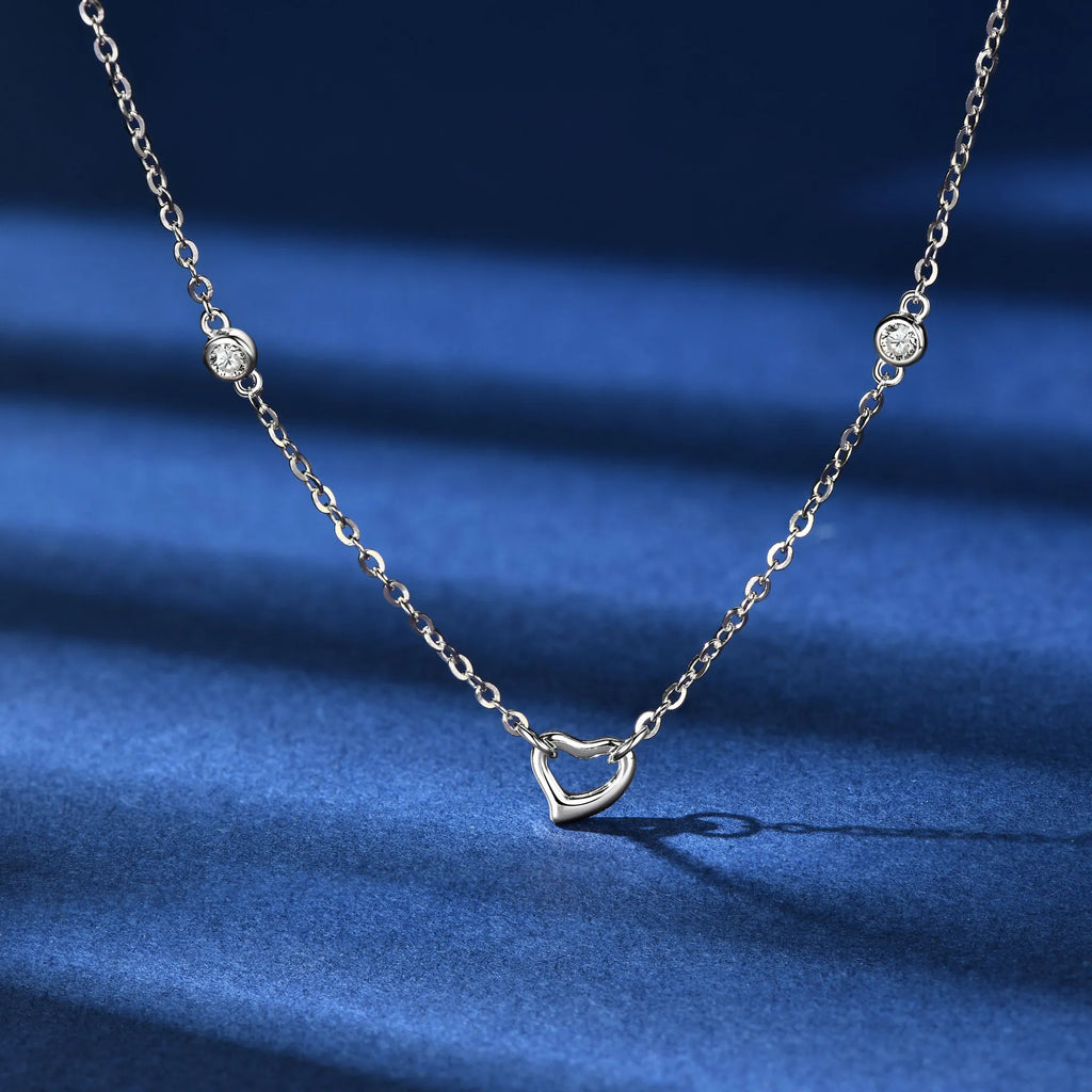 Heart Shaped Necklace 925 Sterling Silver With Two Moissanite Accents On The Chain