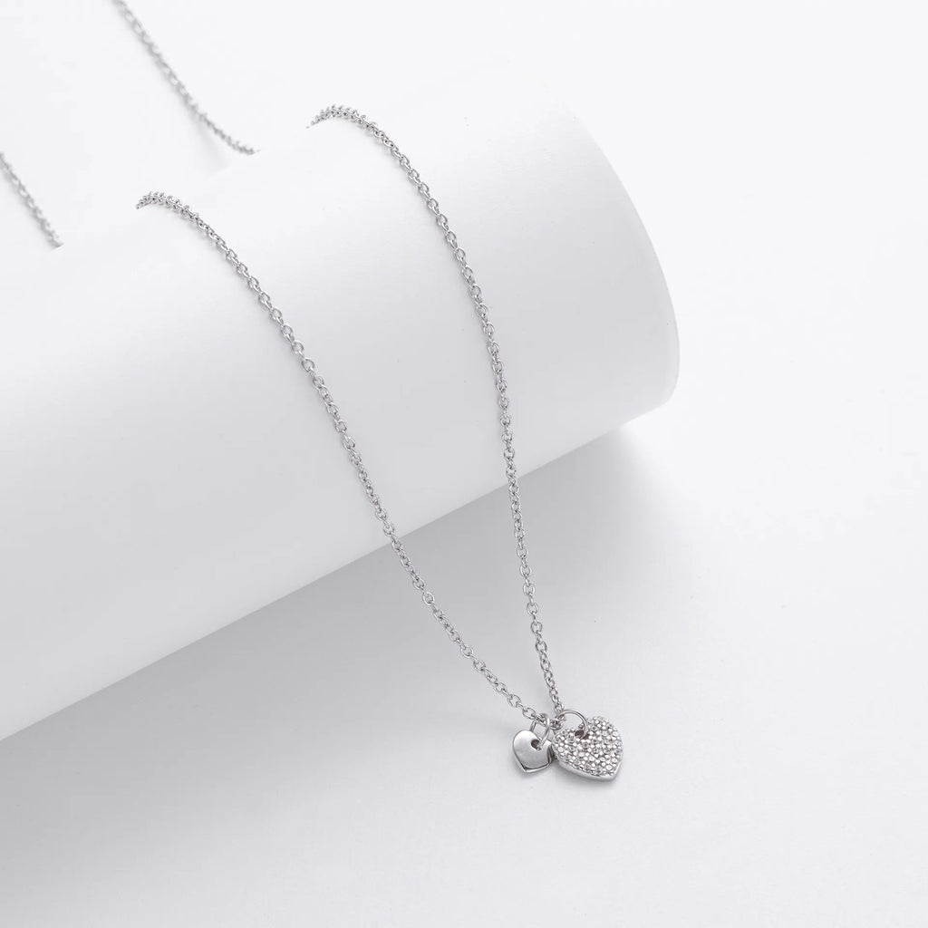 Heart Charm Necklace 925 Sterling Silver Double Heart Pendant with Cubic Zirconia