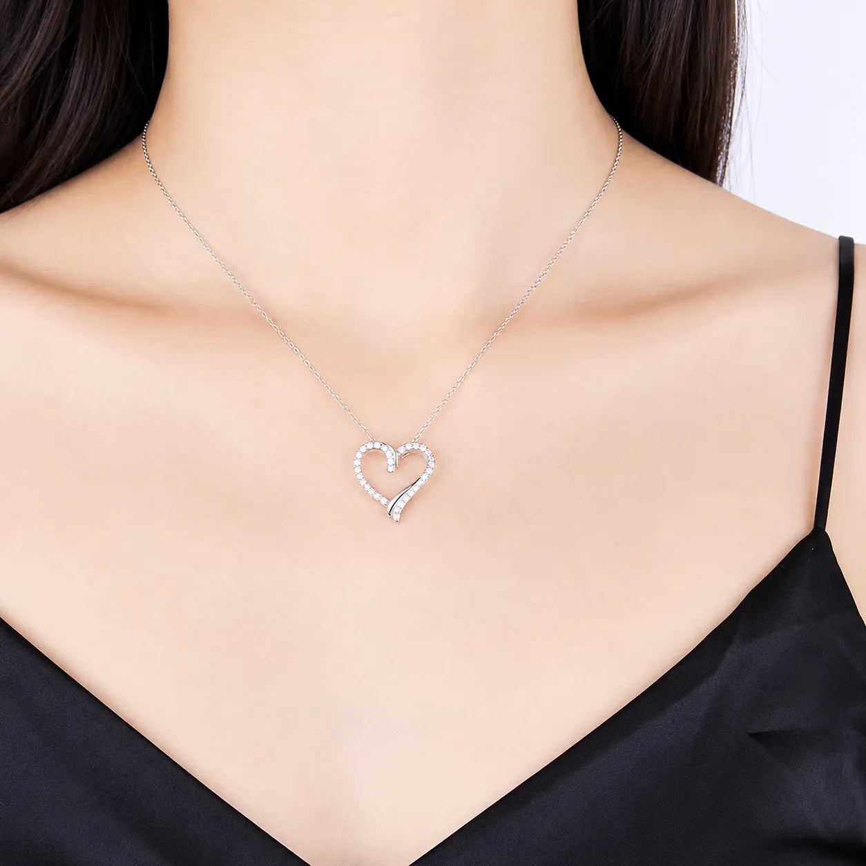 Open Heart Necklace 925 Sterling Silver with Cubic Zirconia Border and Curved Metal Detail