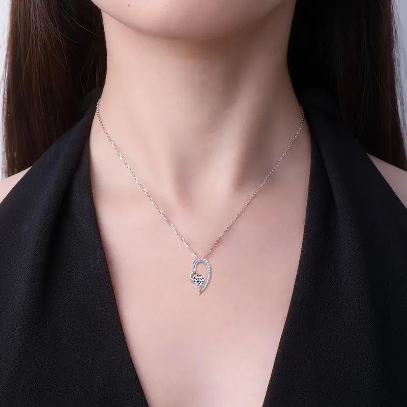 Moissanite Heart Necklace 925 Sterling Silver Asymmetrical Open Heart Design With 1 Carat Center Stone