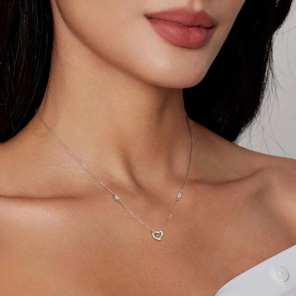 Heart Shaped Necklace 925 Sterling Silver With Two Moissanite Accents On The Chain