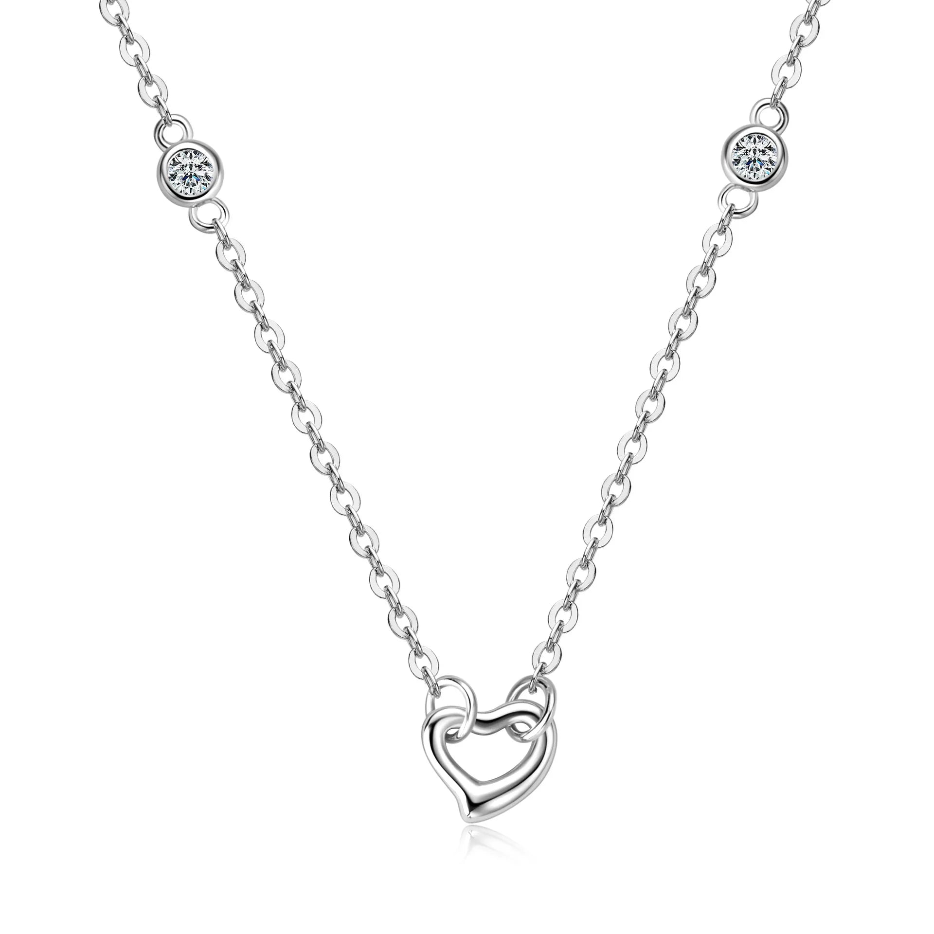Heart Shaped Necklace 925 Sterling Silver With Two Moissanite Accents On The Chain