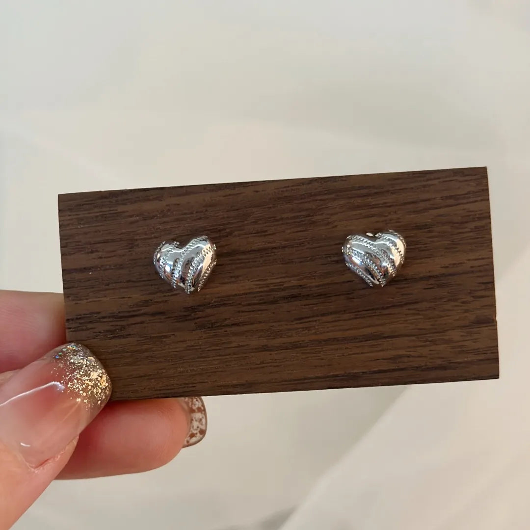 Heart Stud Earrings 925 Sterling Silver Baseball Stitch Design
