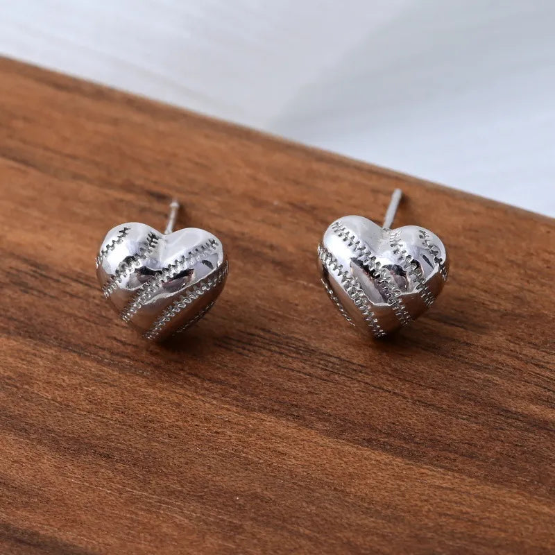Heart Stud Earrings 925 Sterling Silver Baseball Stitch Design