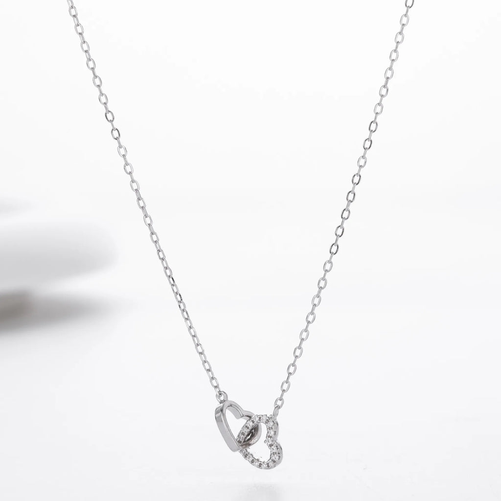 Double Heart Necklace 925 Sterling Silver Interlocking Heart Charm with Cubic Zirconia