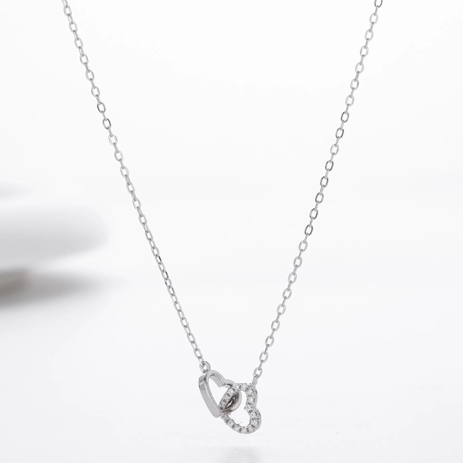 Double Heart Necklace 925 Sterling Silver Interlocking Heart Charm with Cubic Zirconia