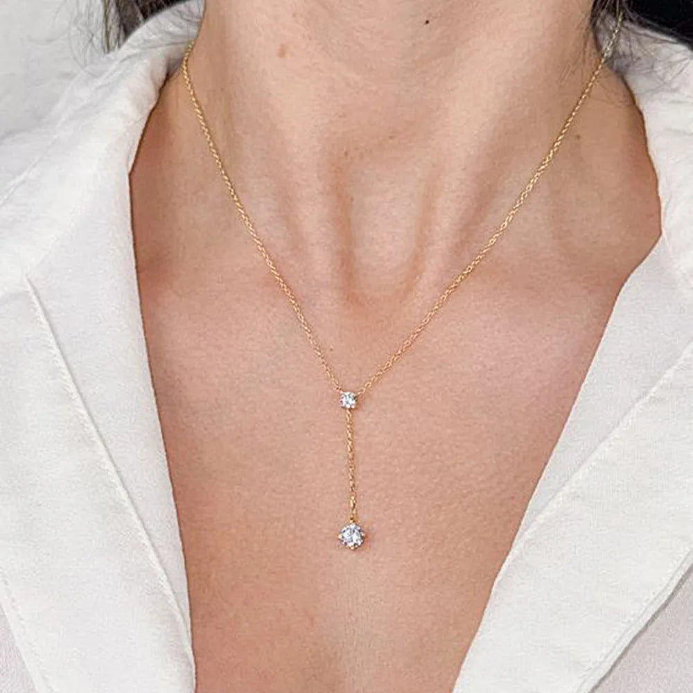 925 Sterling Silver Lariat Necklace with Cubic Zirconia Double Drop