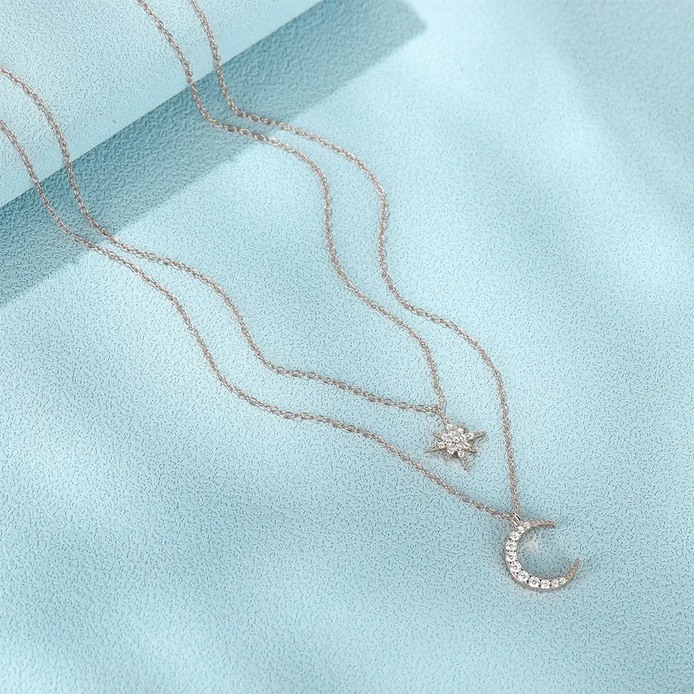 Moon And Star Necklace 925 Sterling Silver Layered Starburst