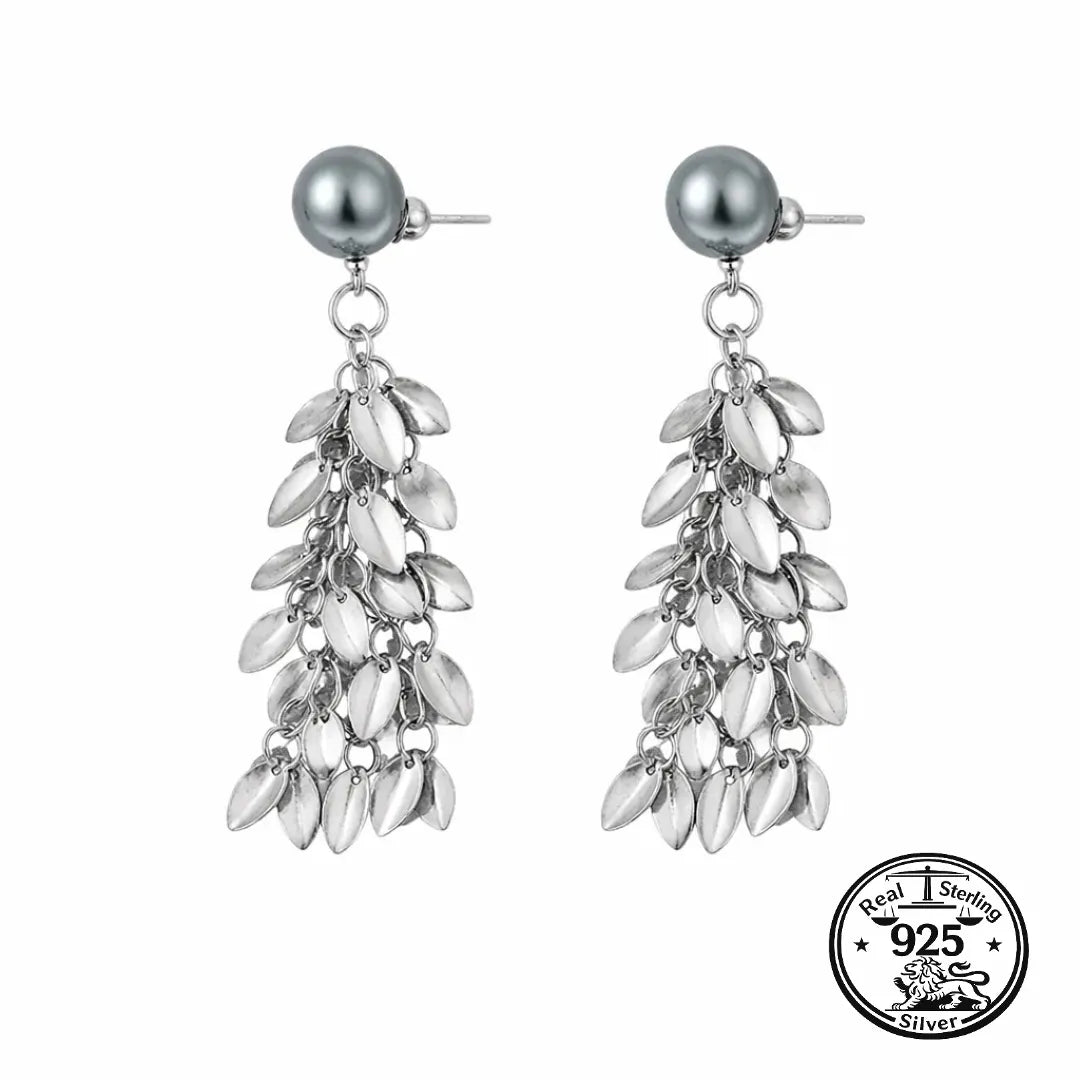 Leaf Dangle Earrings in 925 Sterling Silver Pearl Tassel Style