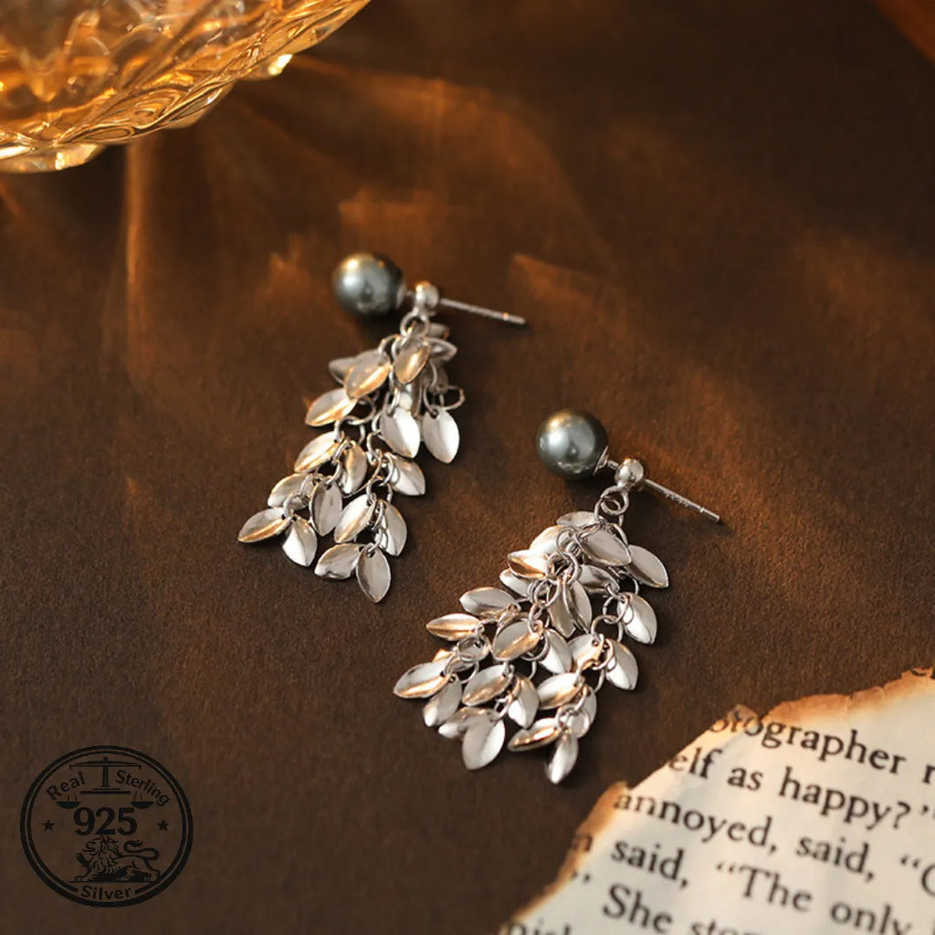 Leaf Dangle Earrings in 925 Sterling Silver Pearl Tassel Style